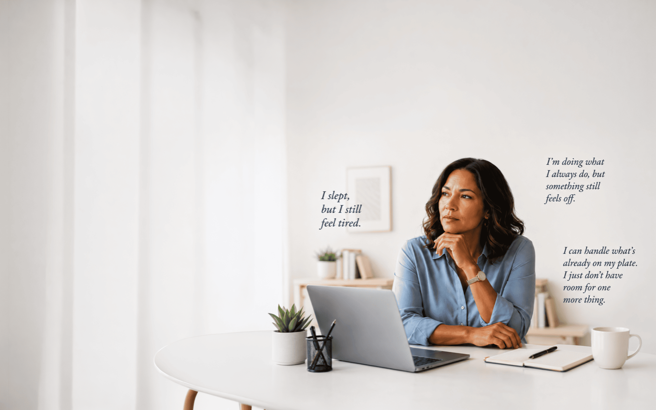 Woman reflecting thoughtfully — HeartWell wellness care for when something feels off